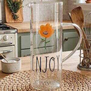 Rae Dunn Clear Glass Pitcher with Orange Flower Design